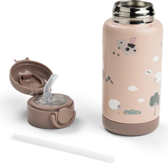 Done by Deer sticlă termo cu pai Tiny farm roz 340 ml