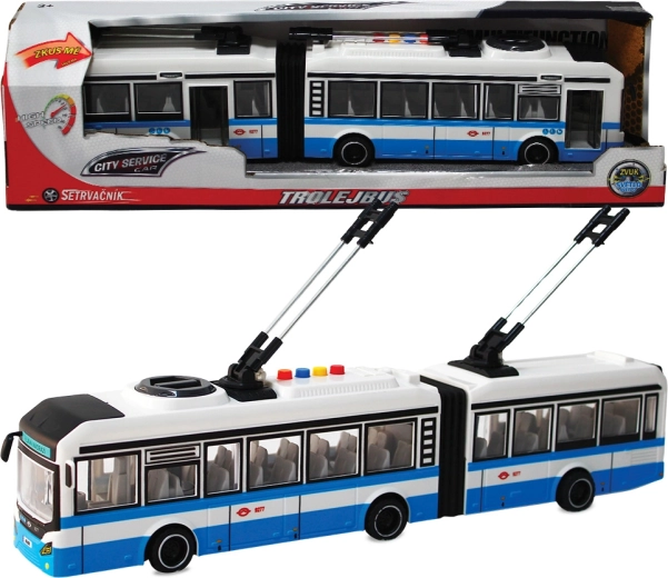Troleibuz articulat 1:16 albastru cu sunete, cu mecanism cu inerție