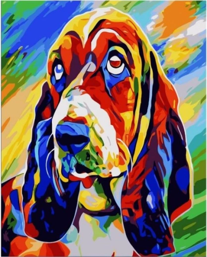 Tablou de pictat după numere pe ramă 40 × 50 cm – basset hound (câine colorat)