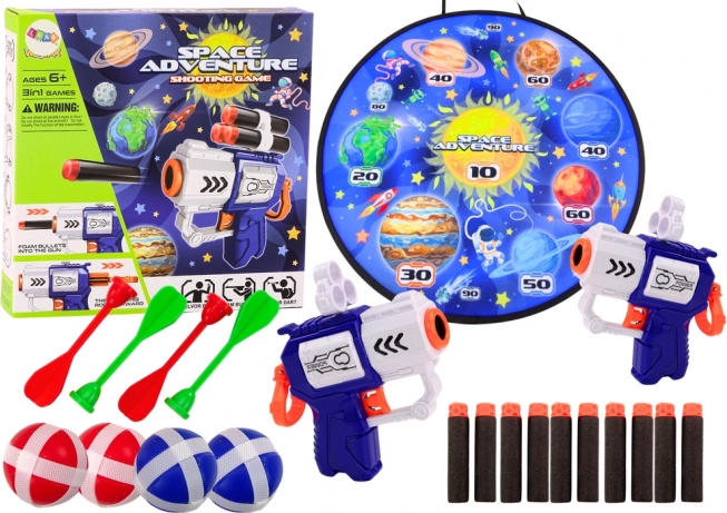 Joc de tragere cu tematică spațială Space Adventure cu țintă, pistoale și săgeți