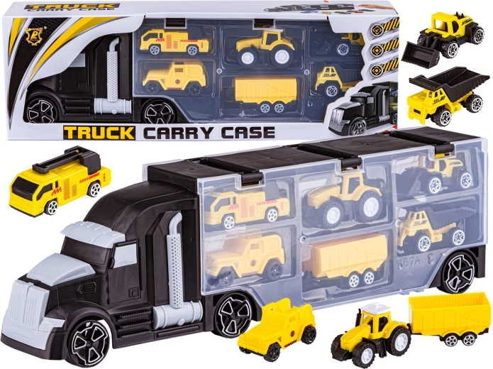 Camion transportor negru cu remorcă cu deschidere și mini vehicule de construcții 6 în 1