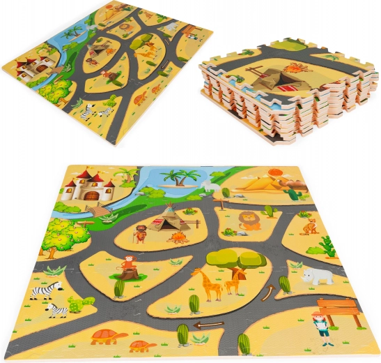 Covor puzzle de podea din spumă safari, 9 piese, 93 × 93 cm