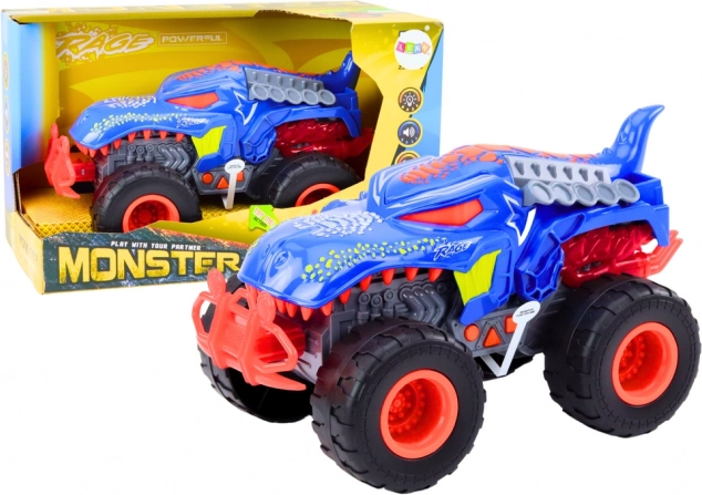 Mașină de teren Dinosaurus Velociraptor Lumini Sunete Propulsie Albastră