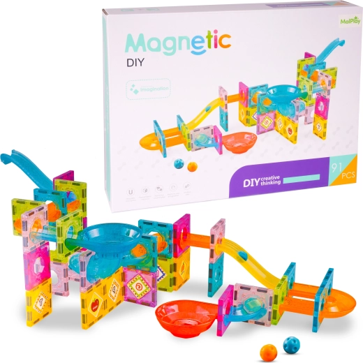 Set de construcție magnetică – pistă cu bile cu pâlnie, 91 piese
