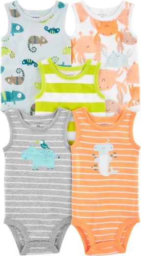 Body pentru bebeluși Carter's fără mâneci Stripes Animals – set de 5 bucăți pentru băieți
