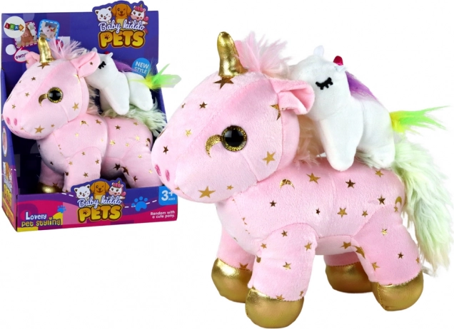 Unicorn din pluș cu cântec de leagăn roz cu steluțe aurii