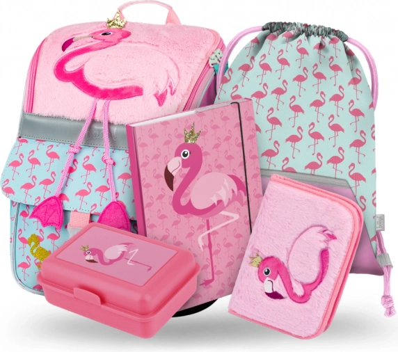 Set școlar Zippy Flamingo: ghiozdan, penar, sac, dosar, cutie