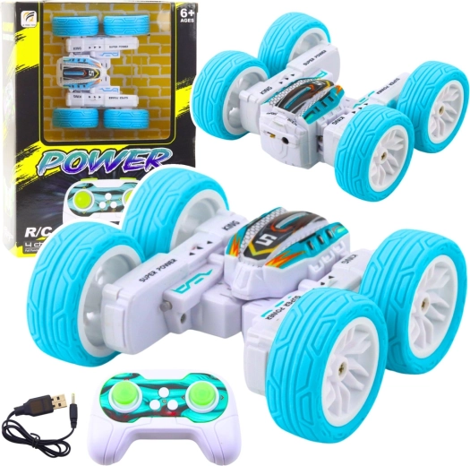 Mașină RC cascadorii 360° 1:32 – albastră, cu două fețe