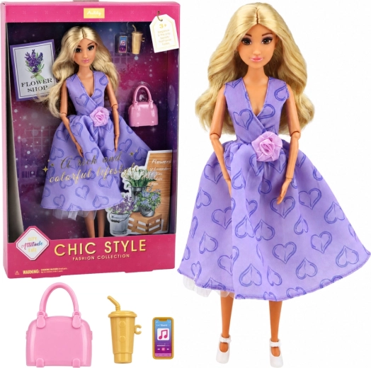 Păpușă la modă Anlily în rochie mov cu inimioare, cu poșetă și accesorii