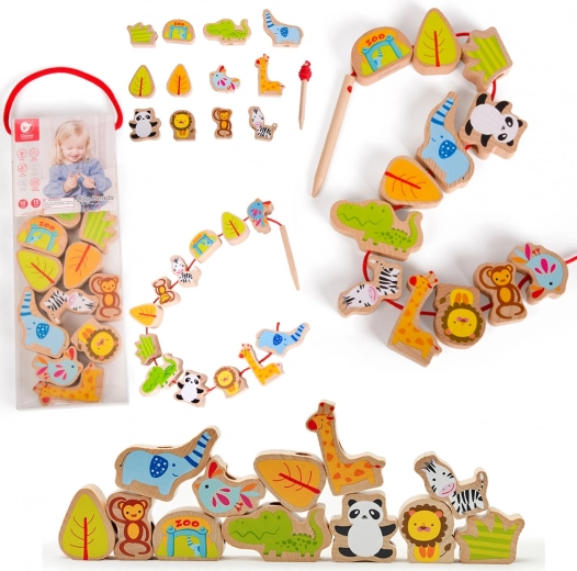Mărgele din lemn pentru înșirat cu animale de la zoo, Classic World, 13 piese