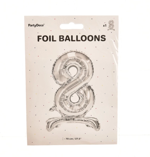 Balon din folie cu stativ, cifra 8, argintiu, 70 cm