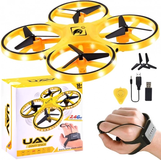 Mini dronă controlată prin gesturi cu telecomandă tip brățară și iluminare LED – Galbenă