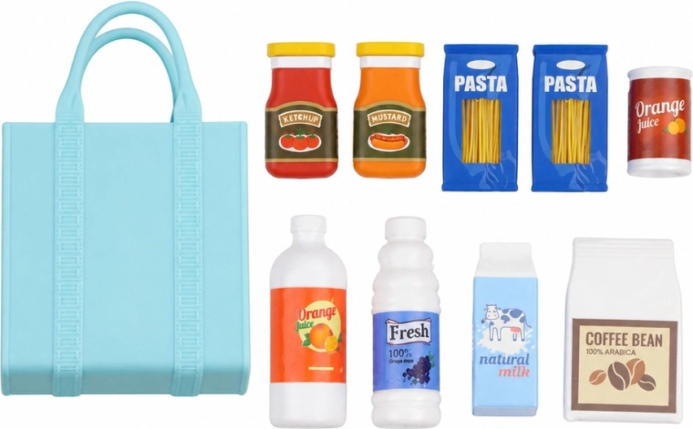 Mini alimente și geantă de cumpărături pentru jocul de-a cumpărăturile