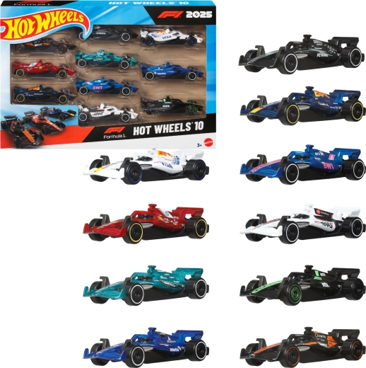 Set Hot Wheels cu 10 monoposturi de Formula 1 2025 la scara 1:64 - 10 buc.
