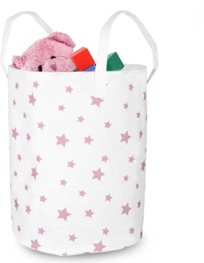 Coș textil pentru jucării Nukido, alb cu steluțe roz