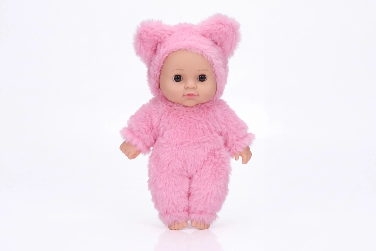 Bebeluș în hăinuță de blăniță roz deschis, 19 cm
