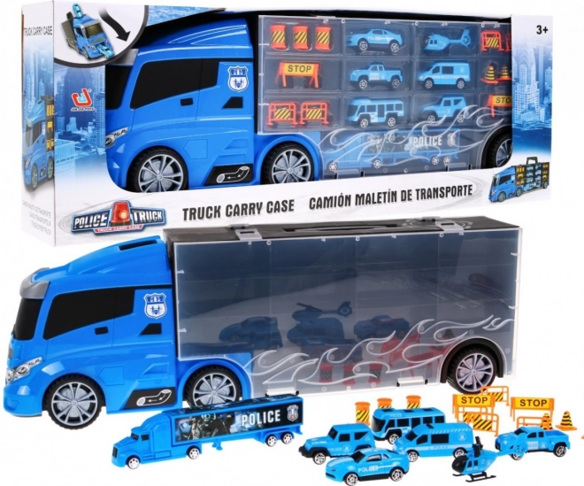 Camion de poliție 2‑în‑1 cu cutie pentru mașinuțe și tobogan, pentru copii 3+