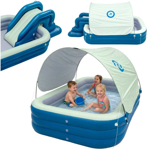 Piscină gonflabilă de grădină pentru copii, cu tobogan și copertină solară