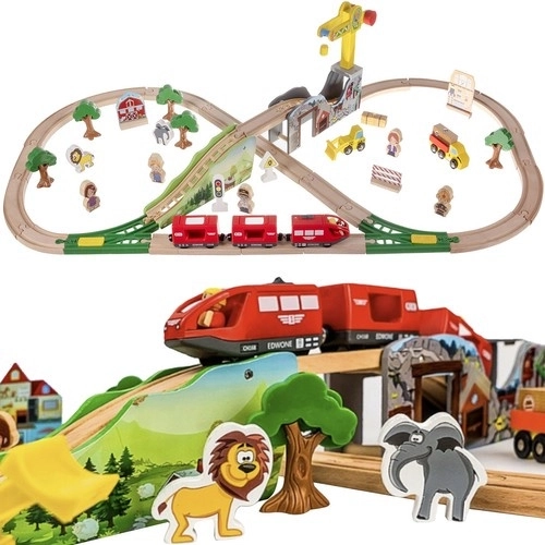 Pistă de tren din lemn 3,2 m – set mare cu 57 piese și macara