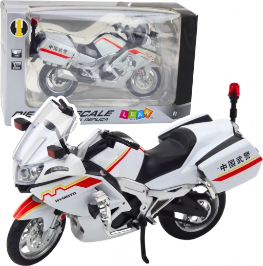 Motocicletă metalică 1:12 cu lumini și sunete – albă cu elemente roșu‑galbene