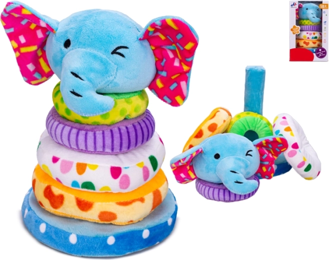 Piramidă din pluș elefant cu inele de înșirat 21 cm