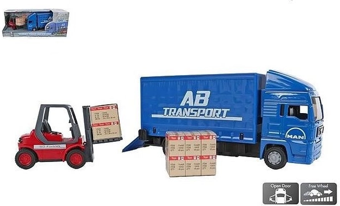 Camion pentru copii cu stivuitor și cutii din carton, 17 cm