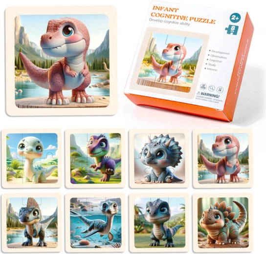 Puzzle din lemn cu dinozauri, 8 piese
