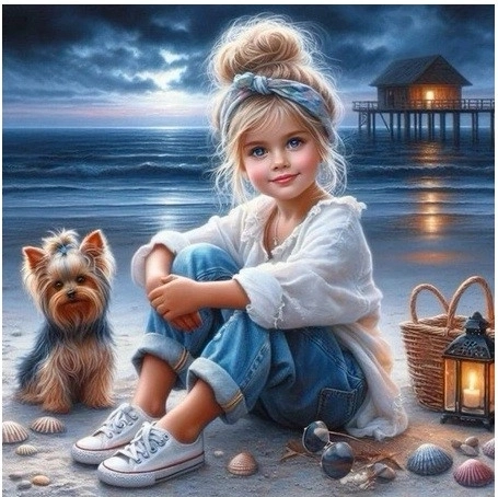 Mozaic diamantat Fata cu cățelul pe plajă