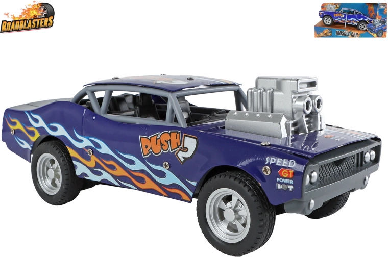 Roadblasters mașinuță metalică albastră tip muscle car cu propulsie cu volant (pull-back) 20 cm
