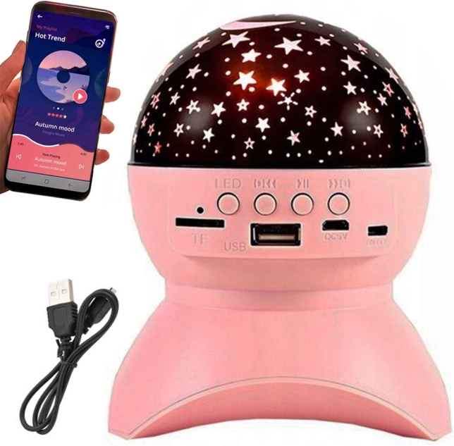 Proiector stelar și veioză de noapte cu difuzor Bluetooth, USB și LED – roz