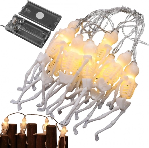 Șir luminos LED de Halloween cu schelete 2 m, 10 atârnători, alb cald