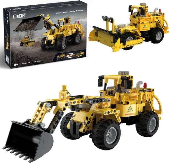 Set de construcție CaDA vehicule galbene de șantier 2 în 1 încărcător și buldozer