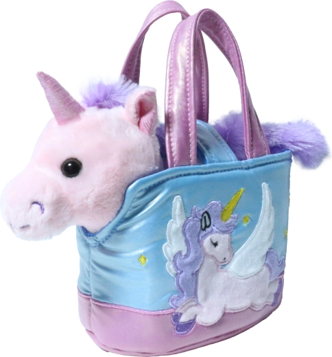 Unicorn de pluș roz într-o poșetă cu căpșuni, 15 cm