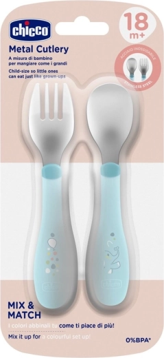 Chicco linguriță și furculiță din inox, teal, de la 18 luni