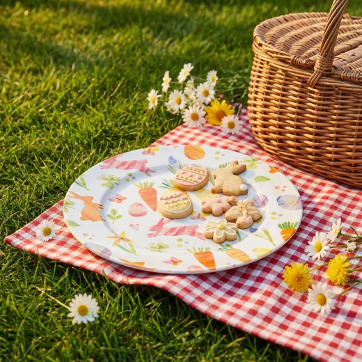 Farfurie metalică de Paște cu motiv de morcovi, 33 cm