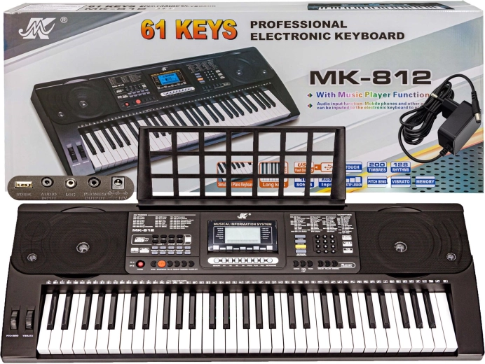 Keyboard cu dinamică la atingere MK-812 (61 de clape) cu suport pentru partituri și adaptor de alimentare