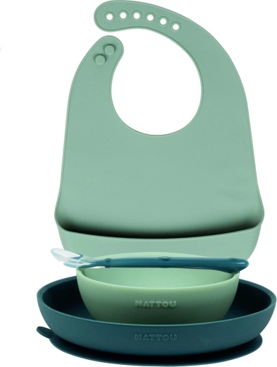 Set de masă din silicon Nattou cu bavețică, 4 piese, verde (fără BPA)