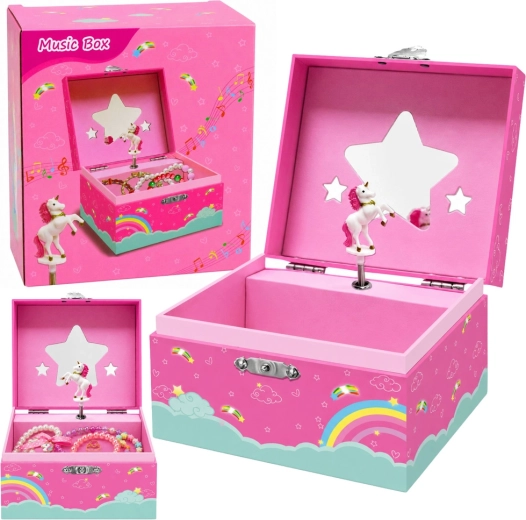 Cutie de bijuterii roz cu mecanism muzical și unicorn rotativ