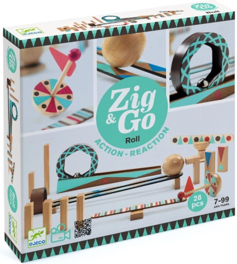 Circuit din lemn pentru bile Djeco Zig & Go, 28 de piese