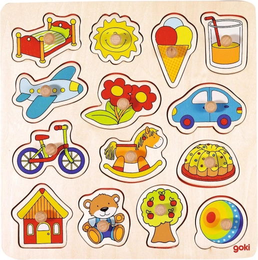 Puzzle din lemn de tip încastrare cu mânere – cal balansoar, minge și altele - 1 bucată