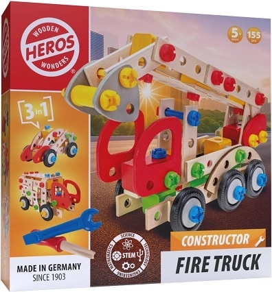 HEROS – set de construcție din lemn 3 în 1, mașină de pompieri