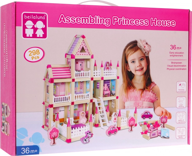 Set de construcție din lemn pentru copii 3+ Căsuță MEGA roz 268 buc