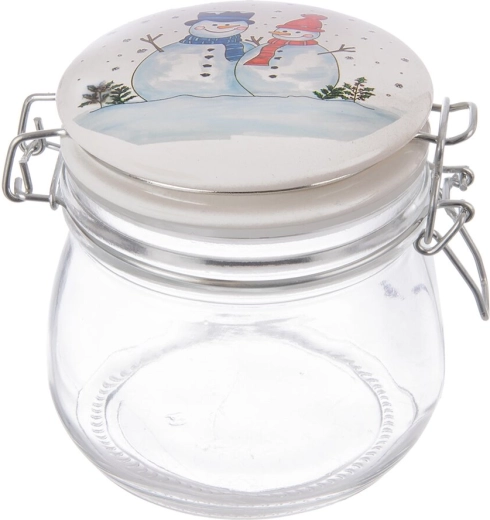 Borcan din sticlă cu clips și capac ceramic cu motiv de om de zăpadă 0,5 l