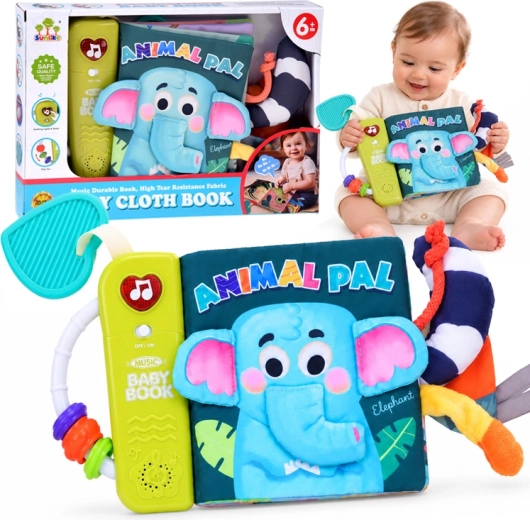 Cărticică senzomotorie interactivă din material textil pentru bebeluși cu elefant și sunete, melodii și element de dentiție - 1 bucată