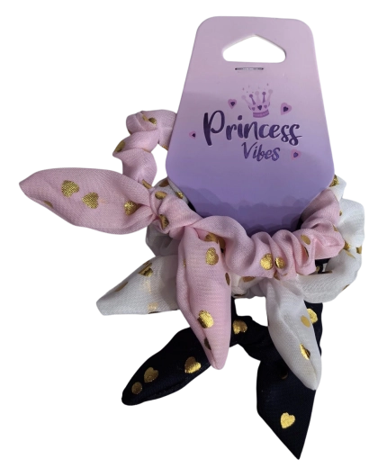 PINK set de elastice de păr scrunchie cu fundă și inimioare aurii - 3 buc