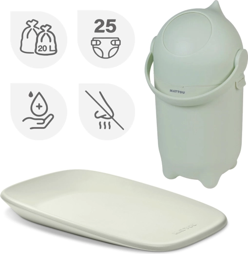 Set Nattou: coș pentru scutece Dropy și saltea de înfășat Softy Green 50 × 70 cm