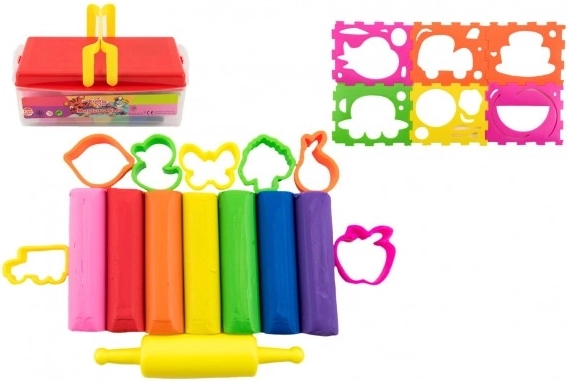 Set de plastilină colorată cu șabloane și cilindru în cutie de plastic