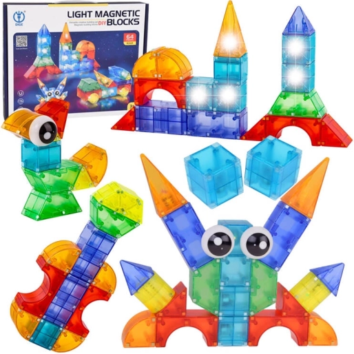 set de construcție magnetic luminos, 64 piese
