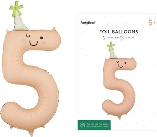Balon din folie numărul 5, piersică, cu față, 86 cm