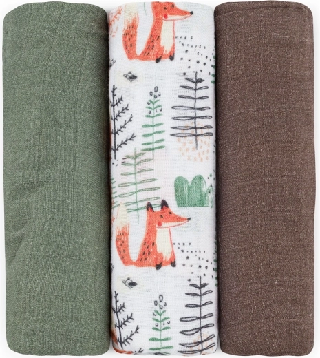 Scutece din muselină de bambus Petite&Mars Moussy Forest Fox, 3 buc., 68 × 68 cm